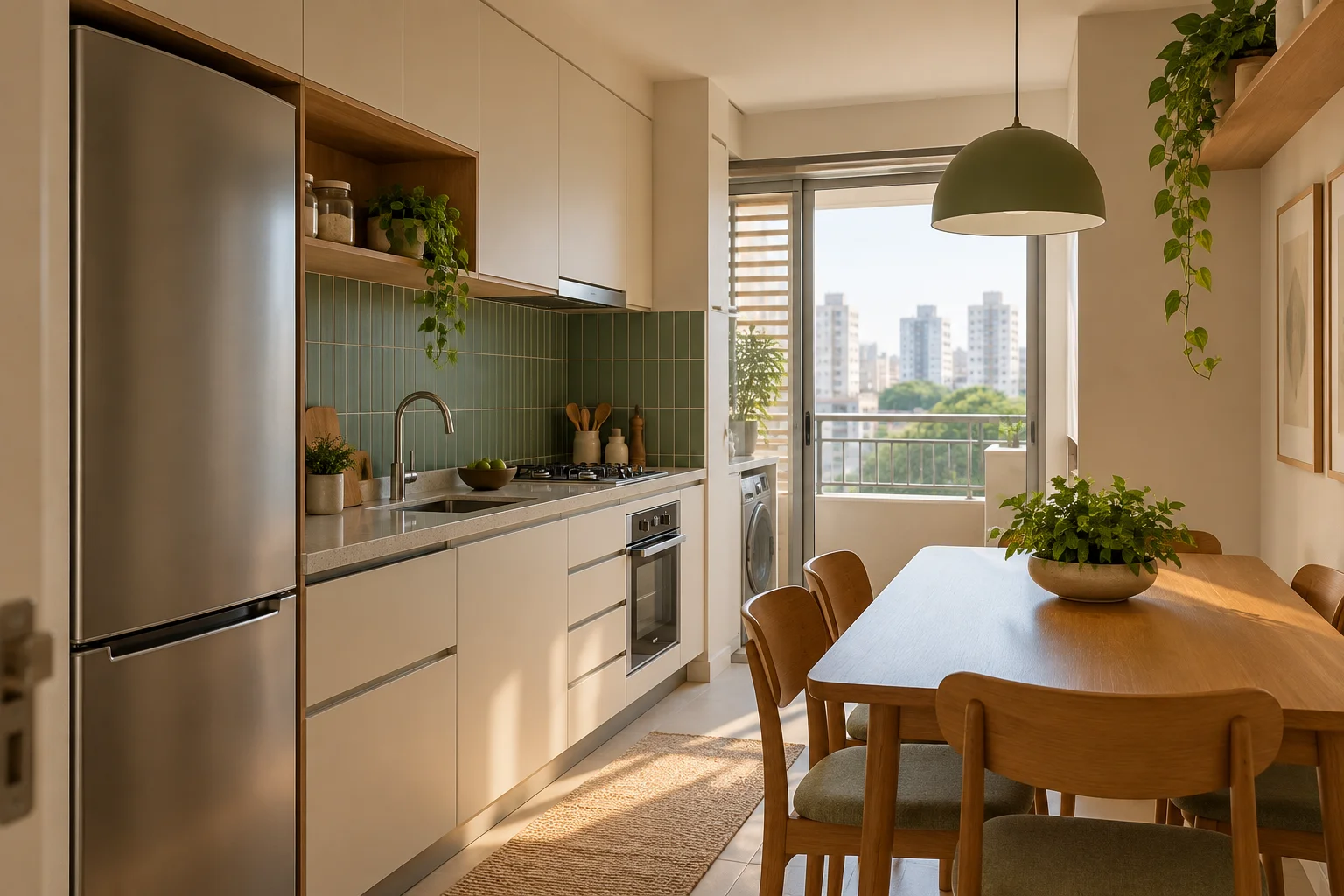 Cozinha e sala de jantar integradas, vistas a partir da entrada