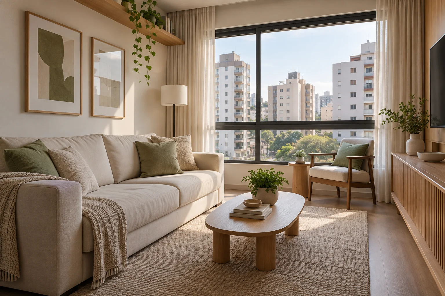 Sala de estar com materiais naturais e vista para edifícios urbanos